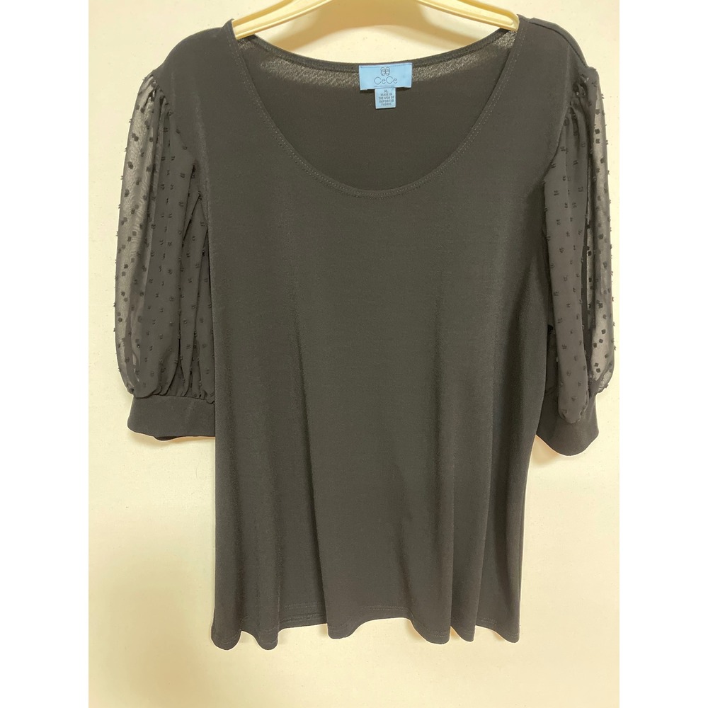CeCe Black Swiss Dot Puff Sleeve Knit Top XL Scoop Neck Short Sleeve Blouse